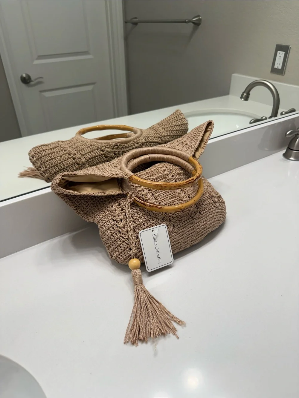 Studio Collection Crochet Tote in Beige with Bamboo Handles NWT